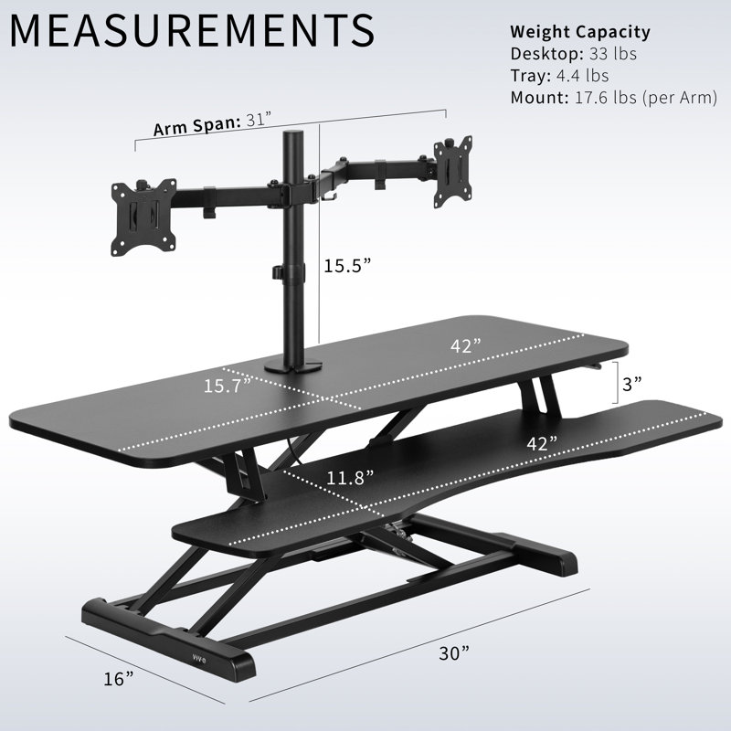 VIVO 42" Standing Desk Riser with Adjustable Dual 13" to 30" Monitor Mount (DESK-V042KB-M2)