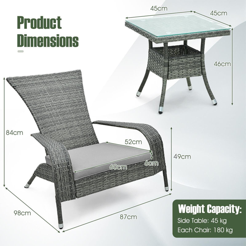 3Pcs Wicker Adirondack Set Ergonomic Oversized Rattan Chairs W/Table