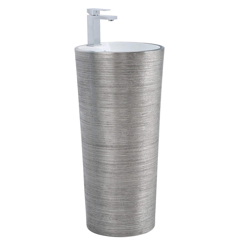 Vitreous China Pedestal Bathroom Sink with Overflow, Brushed Silver