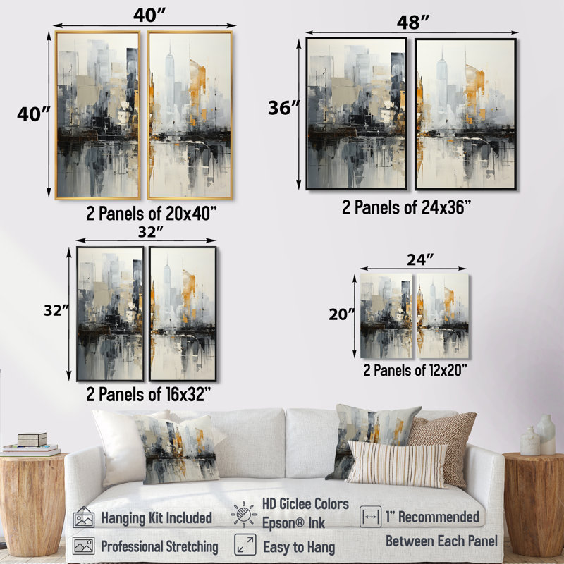 Abstrait paysage urbain IV - toile moderne jaune, 2 panneaux, Toile tendue, Ne s’applique pas, H 36 po x l 48 po