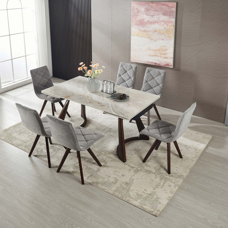 Table de salle à manger rétractable en pierre frittée avec conception extensible et base en bois massif