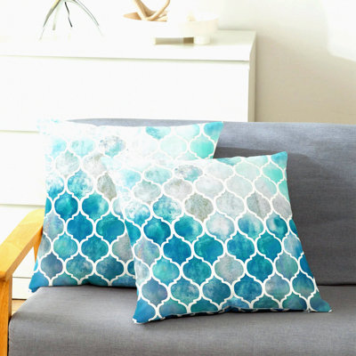 Geometric Trellis Chain Accent Throw Pillow Covers - Cozy Pack of 2 Hand Painted Cushion Cases for Couch Bed Sofa - Farmhouse Decor Grey Teal