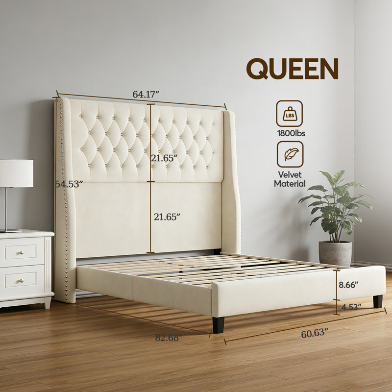 Queen Size White Diamond Bed Frame, Beige, Queen