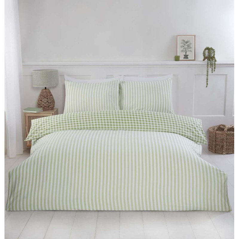 Gingham Cotton Blend Striped Duvet Cover Set with Pillowcases, Kingsize Duvet Cover Set + 2 Pillowcases, Green
