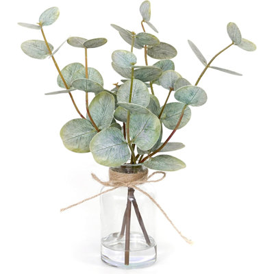 Artificial Eucalyptus Stems in Glass Vase with Faux Water | 3Pcs Faux Plant Centerpiece for Home, Wedding & Office Decor