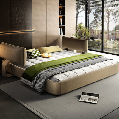 Structure de lit très grand lit, tête de lit mobile rembourrée surdimensionnée en chenille, lattes en bois de pin massif et en métal, sans sommier, chameau, bords arrondis lisses avec coussins décoratifs en nuage, support de lattes, coffre-fort