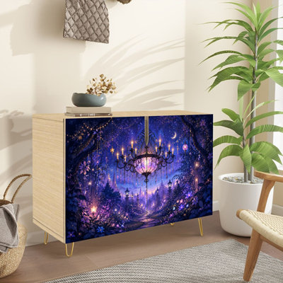 Sideboard Buffet Cabinet with Storage Forest Path Illuminated Chandelier Glowing Purple Flowers with 2 Doors for Living Room and Kitchen