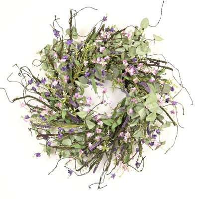 Couronne de fleurs artificielle 24 "avec fleurs de brindille, eucalyptus et fleurs de lavande pour porte d'entrée, décoration de fête de mariage pour la Saint-Valentin