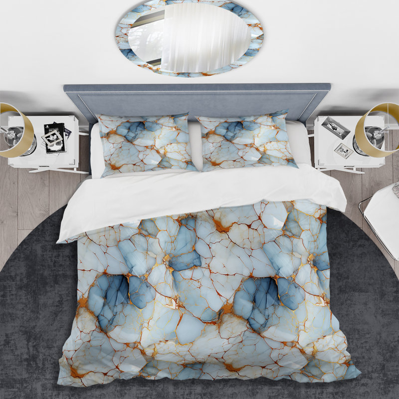 Ensemble de housse de couette motif veine de cristal or et bleu, Housse de couette pour très grand lit et 2 très