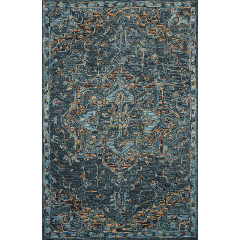 Tapis bleu sarcelle / doré en laine crocheté à la main Eduarda, Rectangle 5 pi x 7 pi 6 po
