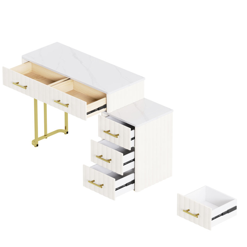 Beige Velvet Vanity Desk And Chair, 5 Big Drawers, Marble - Look Sticker, Gold Metal Handles, Left/Right Drawer Adjustment Upholstered Dressing Vanity, Color, Tabletop, Accents, Setup, Adjustable