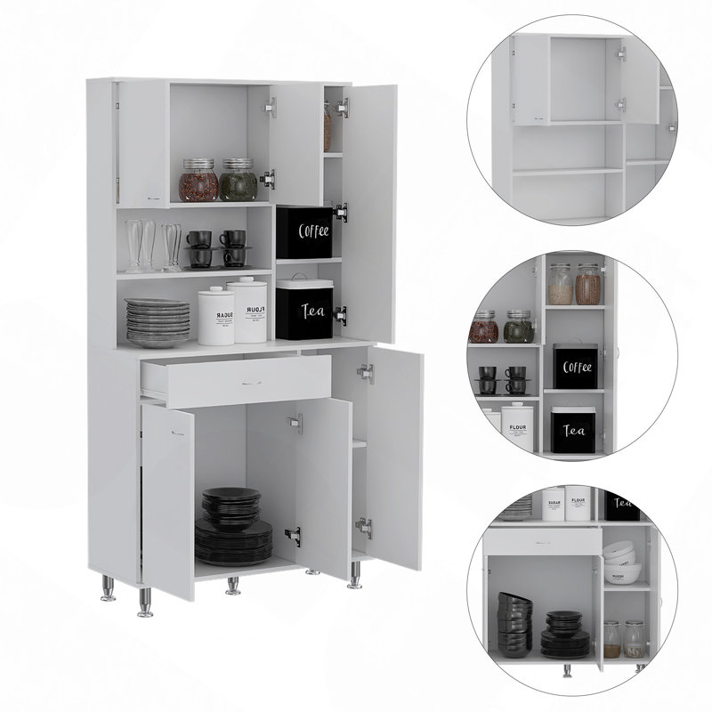 90 Kitchen Pantry Cabinet, Two Open Shelves, One Drawer, Multiple Cabinets