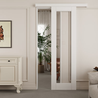 Porte de grange coulissante à rail invisible 18 po x 80 po, apprêt blanc, 1 vantail en verre clair, avec trousse de quincaillerie (aucun assemblage requis)