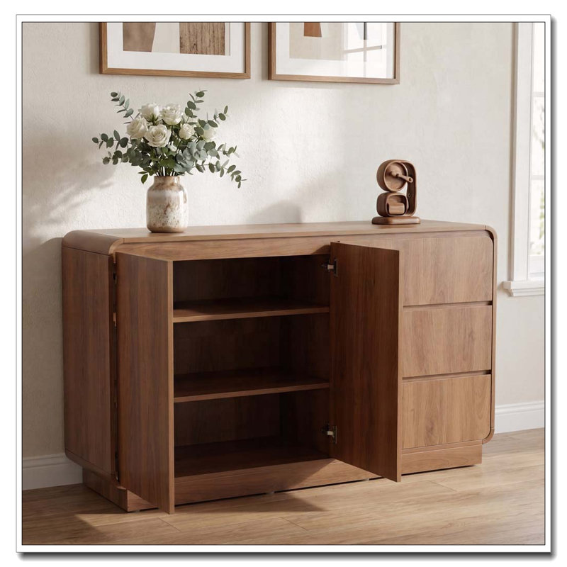 Armoire de rangement de 55,1 po de largeur avec 2 portes et 3 tiroirs, Noyer