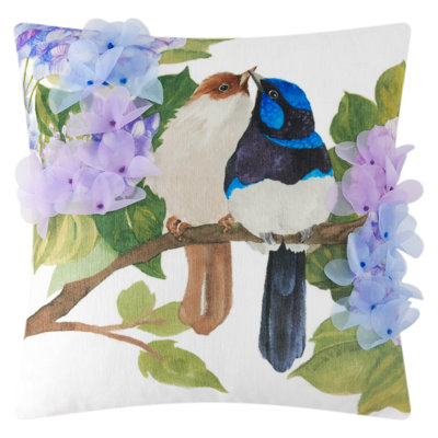 Housse de coussin décoratif pour fleurs et oiseaux 18 x 18 po