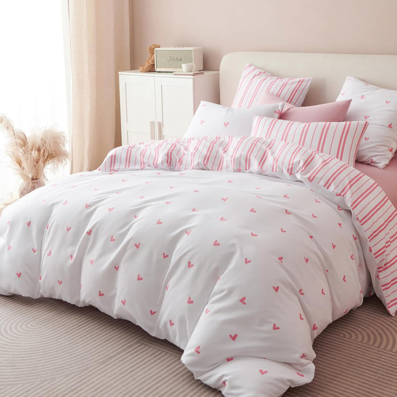 White Bedding Pink Heart Double Sided Set Microfiber Pink Stripe Bedding Set Duvet Cover With Zipper