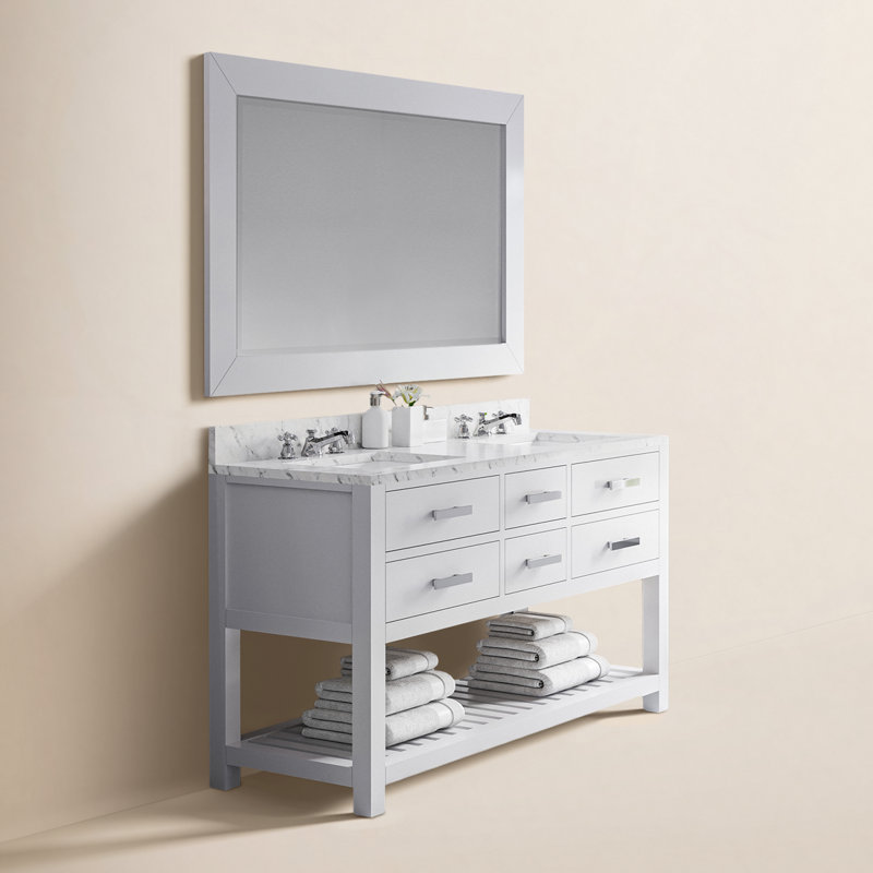 Parmer 60" Carrara White Marble Countertop Bath Vanity with Mirror, Pure White