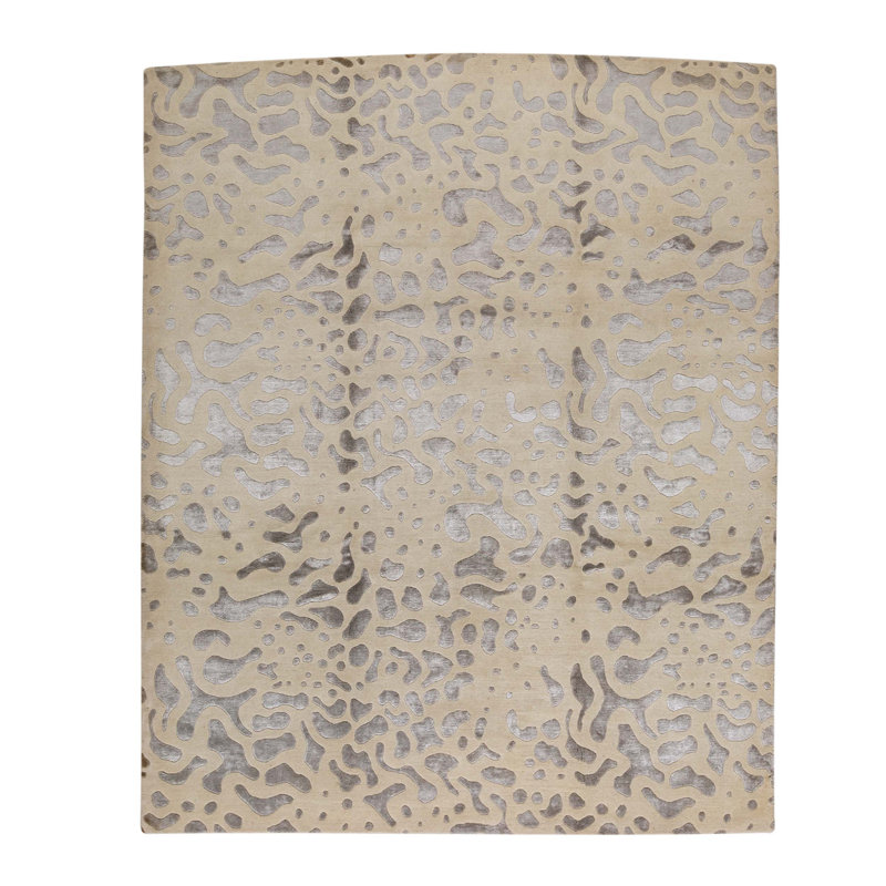Tapis beige / gris noué à la main de conception unique 8 pi 2 po x 10 pi 1 po