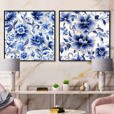 Ensemble de 2 collages carrés floraux en filigrane de style victorien bleu cobalt
