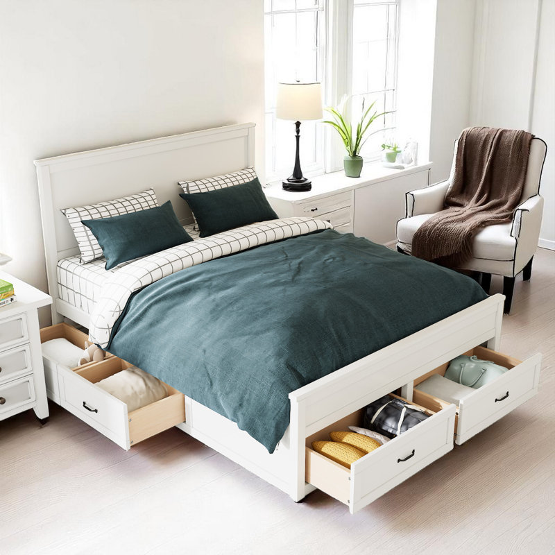 Wood Platform Bed With 6 Drawers, White