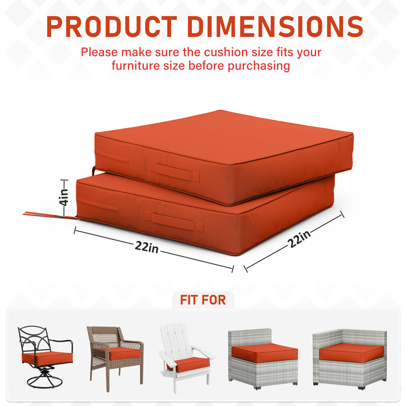 Coussins de siège d'extérieur (ensemble de 2), Orange, 4 pouces, L 22 po x P 22 po