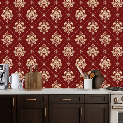 Peel and Stick Wallpaper Seamless Geometric Floral Red White Flowers Burgundy Contact Paper Removable Self Adhesive Wall Mural Wall Decor for Bedroom Kitchen Cabinets 24in x 118in