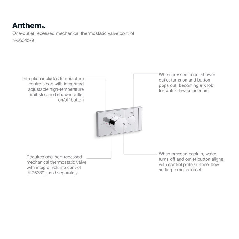 Anthem One-Outlet Thermostatic Valve Control Panel With Recessed Push-Button, White