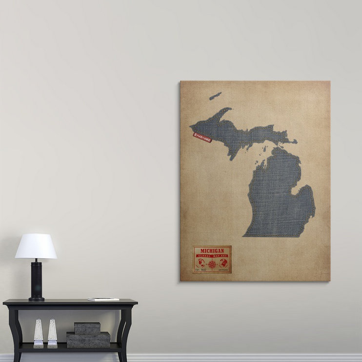 «Michigan Map Denim Jeans Style» par Bellen, impression, H 36 po x l 27 po x P 1,5 po, Toile