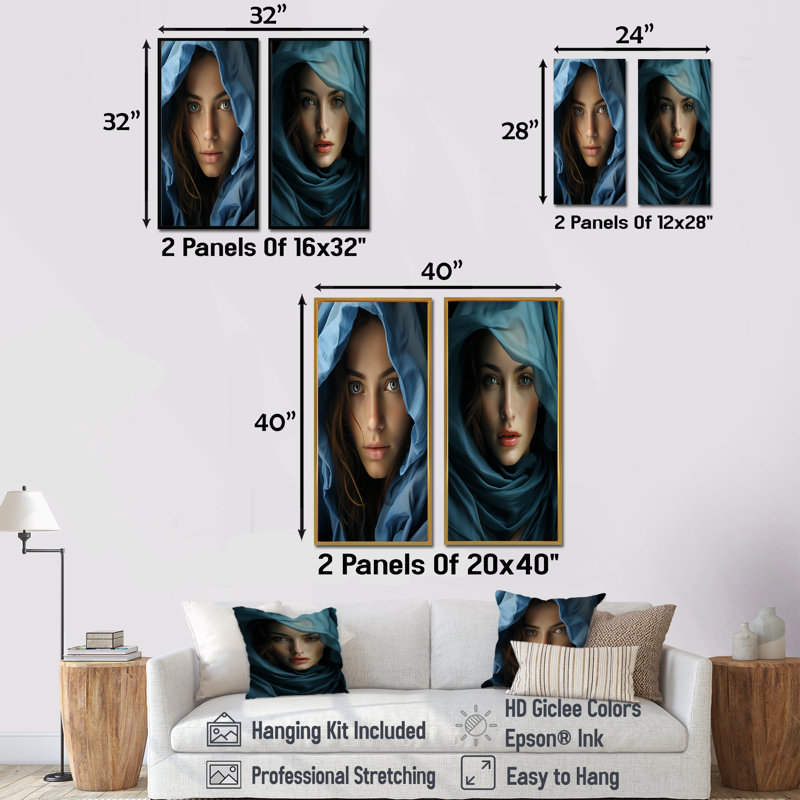 Sapphire Serenity Woman Beauty - Ensemble de 2 impressions sur toile femme, H 28 po x l 25 po, Toile tendue