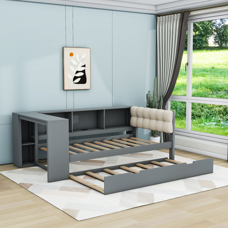 Wooden Daybed with Trundle, Shelves and Charging Station, Gray, Twin