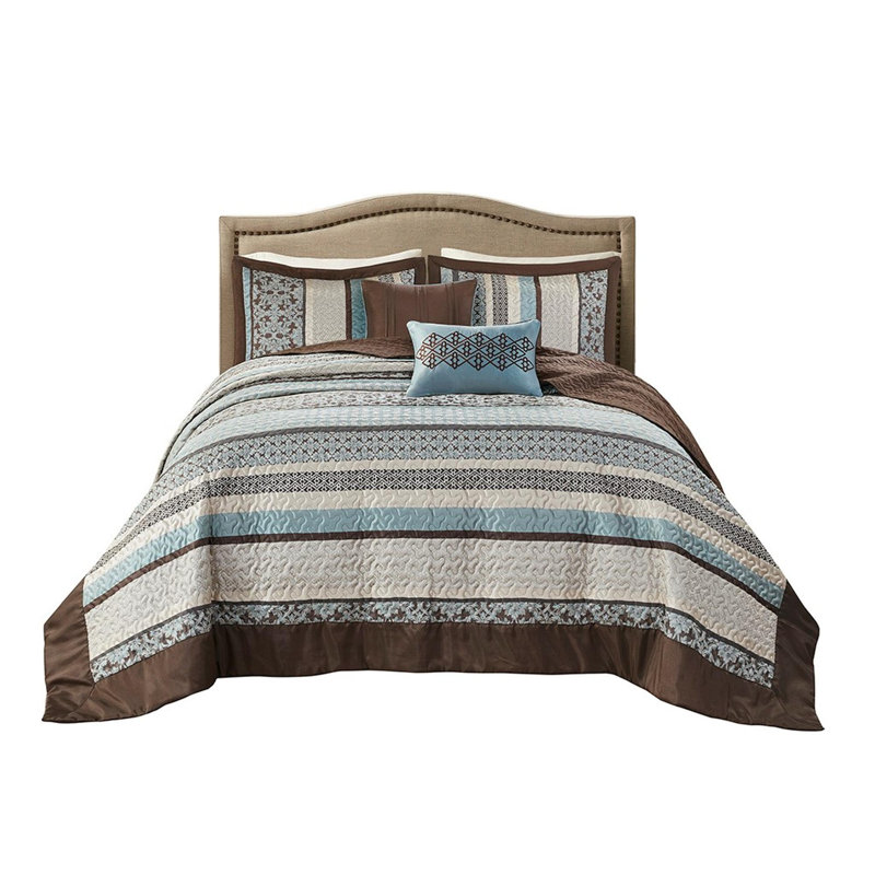 Polyester Jacquard Reversible Quilt Set of 5, Blue, Full / Double Quilt + 4 Additional Pieces