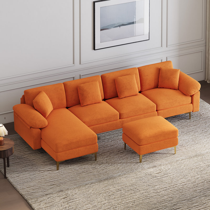 114" U Shaped Chenille Sectional Sofa with Chaise Ottoman and Gold Legs, Orange Velvet