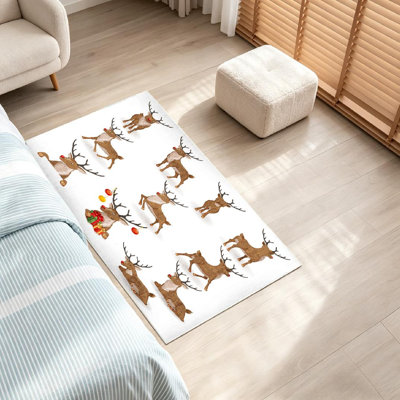 Red Machine Washable,Reindeer Christmas Deer Animals and Indoor Area Rug