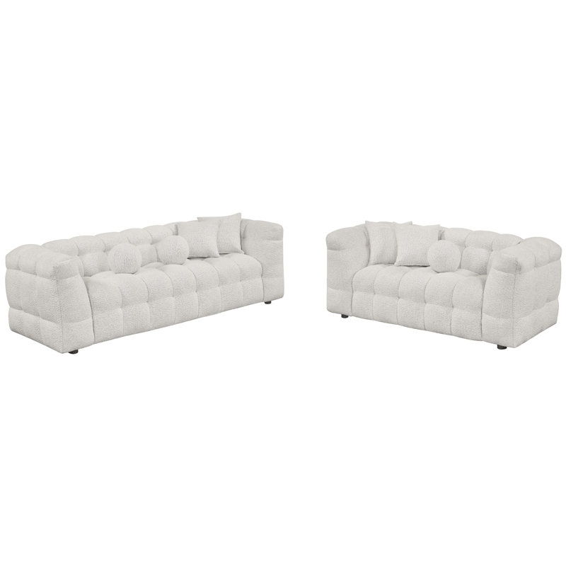 Ensemble de canapé et causeuse 2 pièces revêtu de tissu bouclé confortable, Crème