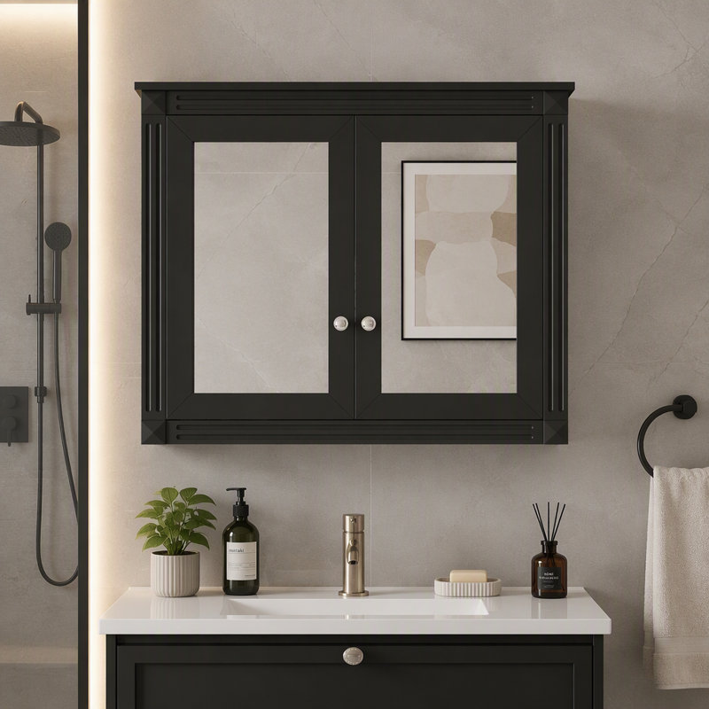 Armoire à pharmacie murale 91 x 71 cm (36 x 28 pouces), avec 2 miroirs et 2 tablettes réglables., Noir
