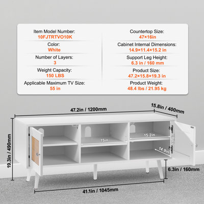 Rattan TV Stand, Boho TV Cabinet for 55 inch TV, Mid Century Modern TV Stand, Rattan TV Console with Adjustable Shelfs for Living Room, Media Room, White