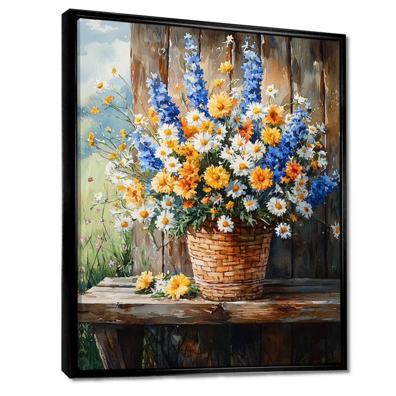 «Country Charm Wildflowers At The Farm III - Assorted Bouquets», art mural, Noir, Reproduction avec cadre flottant