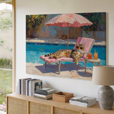 Lazy Cat Poolside Relaxing Summer Retreat Art Escape Into A Sunny Wall Wall Art Canvas Ready To Hang Gallery Wrapped Home Decor Decor