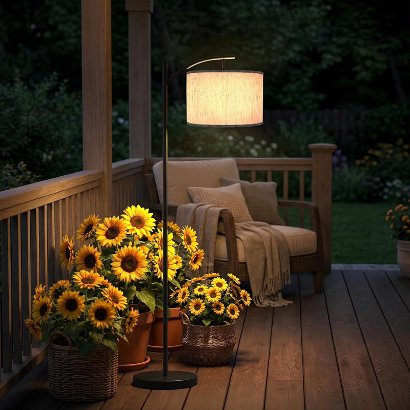 Solar Outdoor Floor Lamp, 61.4 Inch Waterproof Arc Standing Light With Heavy Metal Base, Modern Exterior Tall Light With Shade And Vintage Edison Bulb For Patio, Deck, Porch, Garden, Balcony Decor