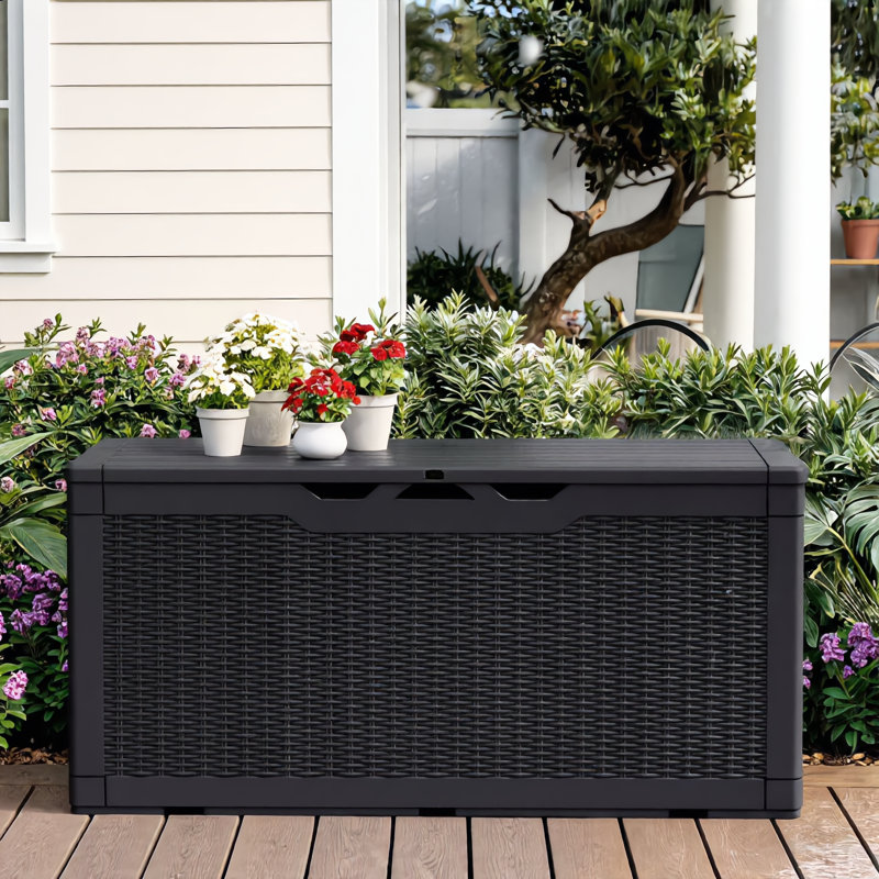100 Gallon 100 Gallon Black Brown Resin Outdoor Patio Storage Box, Weather-Resistant Deck Storage Container For Backyard