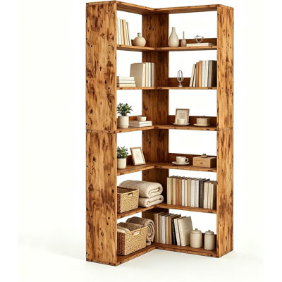 6-Tier Corner Bookcase, Rustic Wood L-Shaped Storage Shelf for Living Room & Office