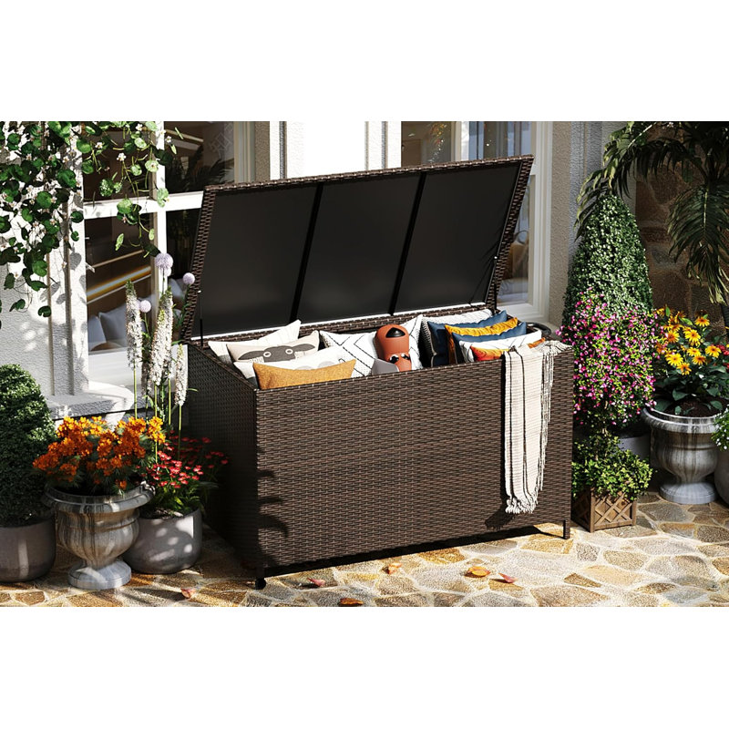 Boîte de rangement extérieure 185 gallons avec roulettes - grande boîte en rotin de rotin pour coussins de patio, outils de jardin, flotteurs et coussins de piscine, rangement pour meubles de patio toutes saisons, brun