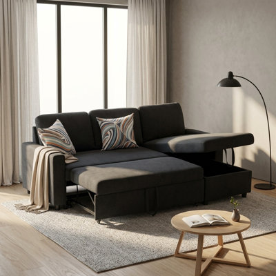83-Inch Black Fluffy Fabric 2-Piece Couch Living Room Sofabed