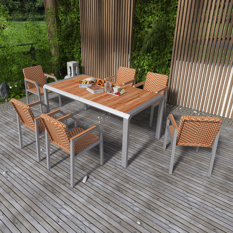 Ensemble de table de salle à manger 7 pièces, ensemble de meubles d'extérieur en osier avec 6 chaises, rotin tissé deux tons, plateau de table en bois d'acacia