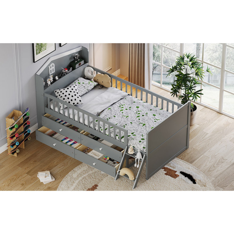 Structure de lit avec tiroirs de rangement, lit en bois avec tête de lit et garde-corps, Gris