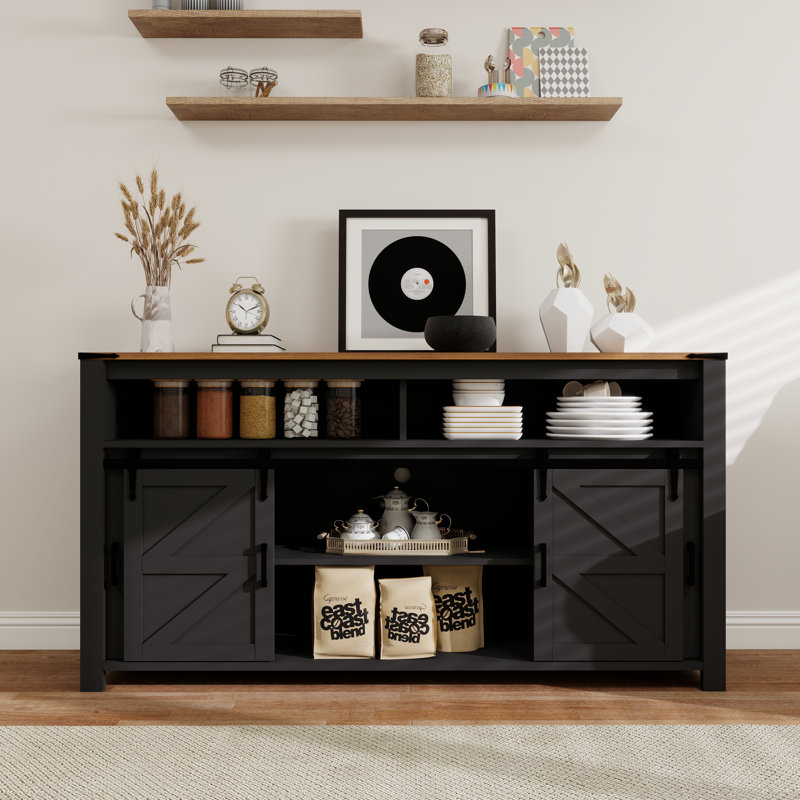 59'' Farmhouse Wooden Sideboard With Sliding Barn Door And Mesh Panels, Black/Brown