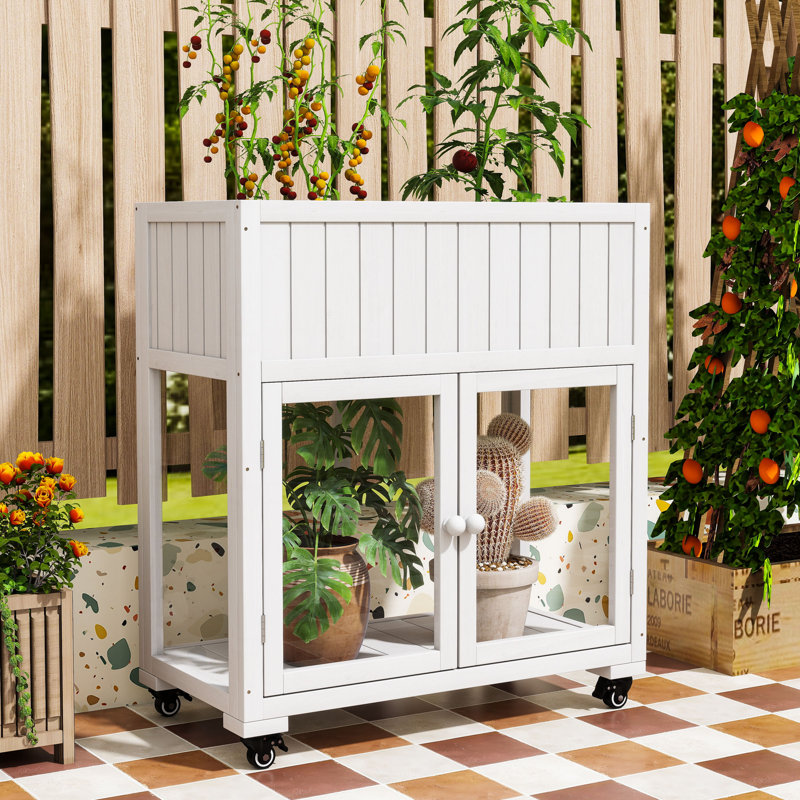 Portable Wood Greenhouse with Raised Bed, Drainage Liner and Wheels, White