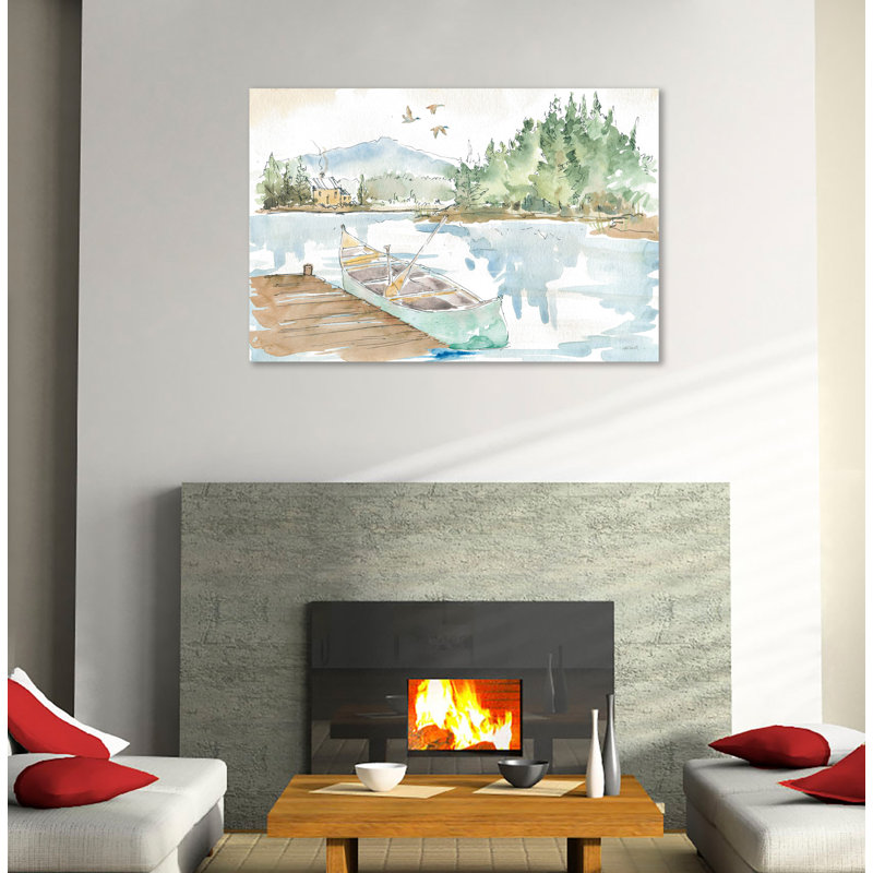 «Lakehouse I» par Anne Tavoletti - peinture sur toile tendue, H 10 po x l 15 po x P 1,5 po