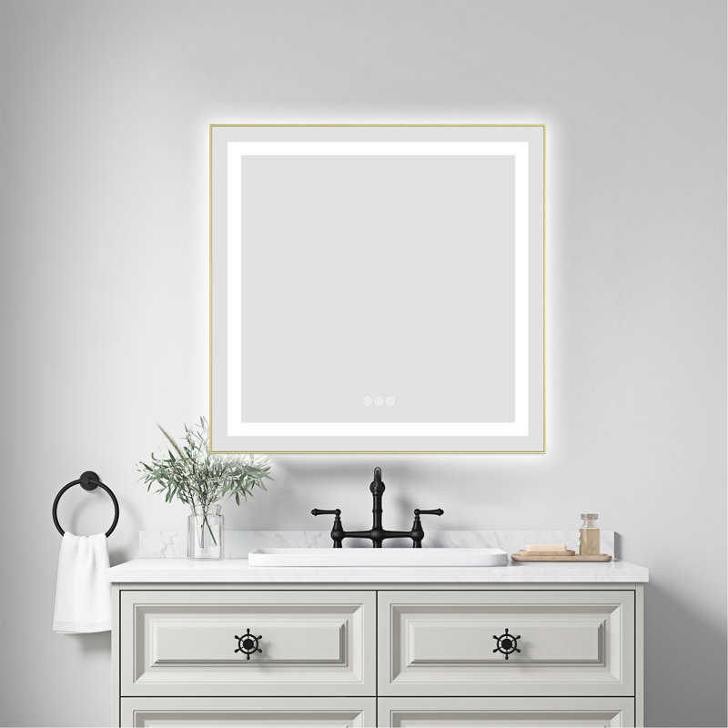 Miroir de salle de bain 30 po x 30 po à DEL avec façade et rétroéclairage, miroir de meuble-lavabo mural avec cadre en aluminium, antibuée, mémoire, 3 couleurs, gradation continue