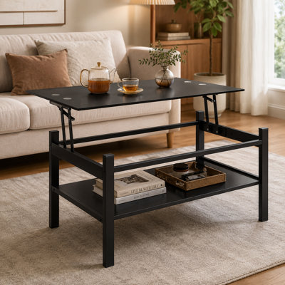 Table basse à plateau relevable en verre avec compartiment de rangement et tablettes ouvertes séparées, plateau de table relevable pour salon, bureau, noir